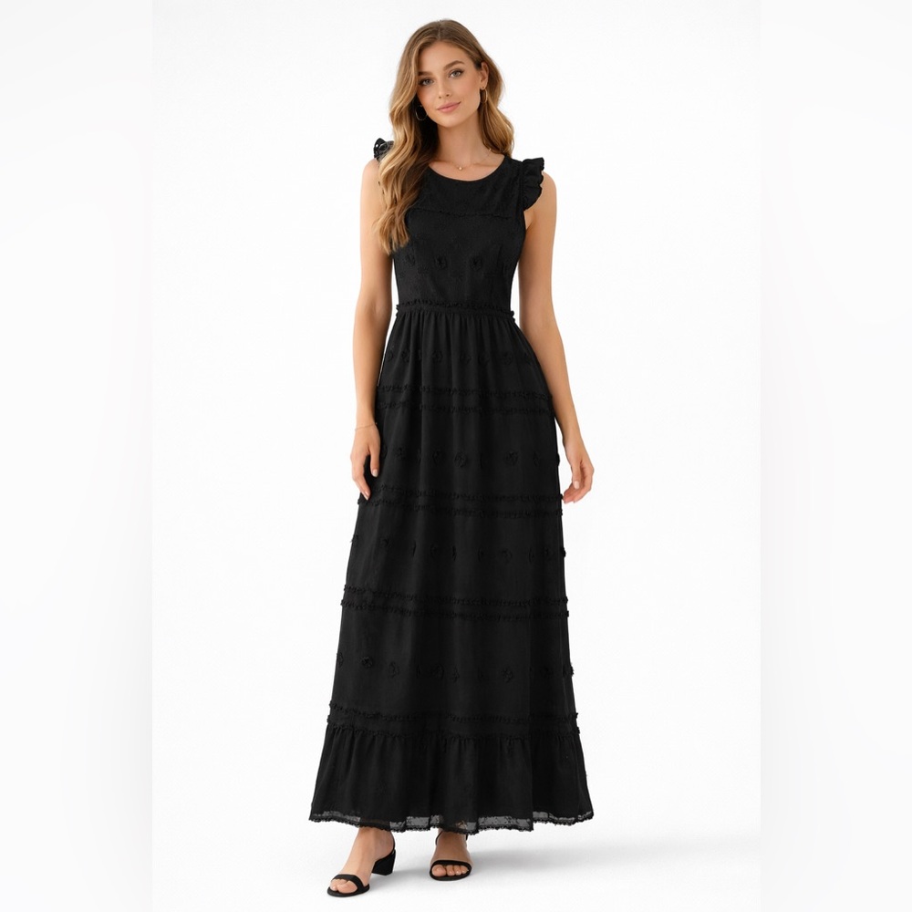 Ruti Black Textured Appliqué Midi Dress Size 0/1 XS-S